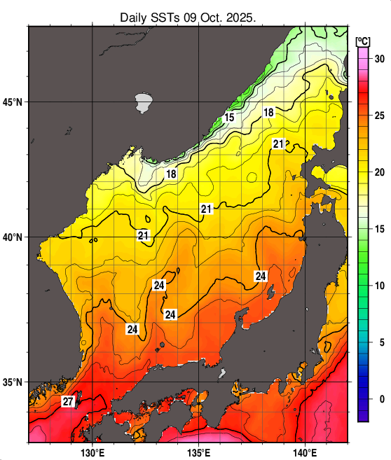 日本海の海面水温分布図(10月9日)