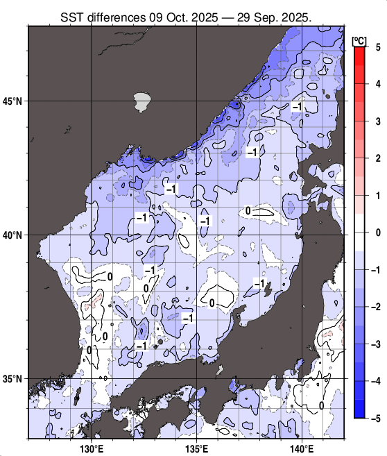 日本海の10日間の海面水温変化量分布図(10月9日)