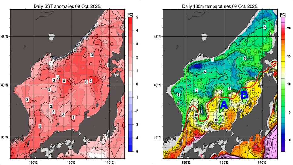 日本海の海面水温平年差分布図および深さ100mの水温分布図（10月9日）