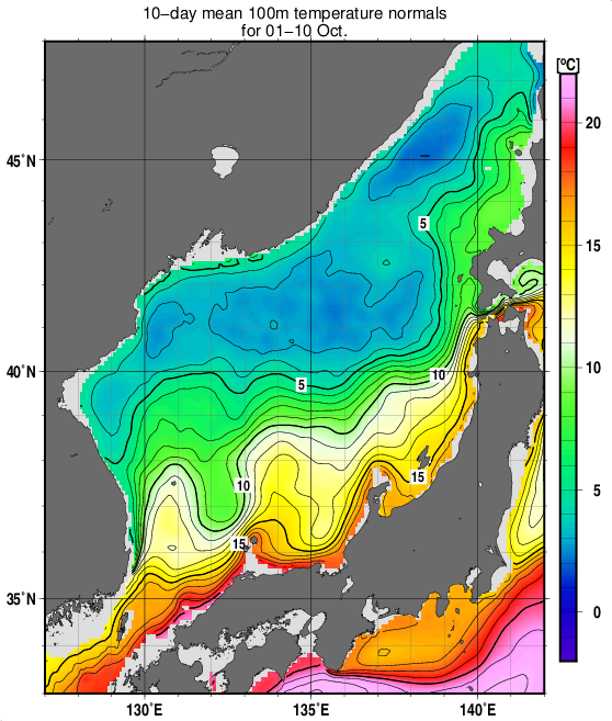 日本海の深さ100mの水温の旬別平年値(1993~2017年の25年間の平均)(10月上旬)