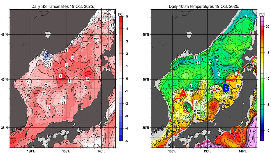 日本海の海面水温平年差分布図および深さ100mの水温分布図（10月19日）