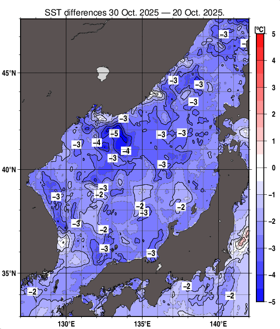 日本海の10日間の海面水温変化量分布図（10月30日）