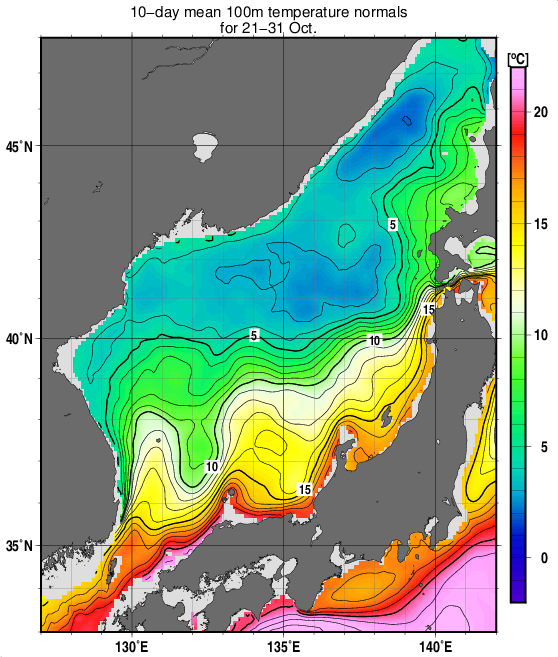 日本海の深さ100mの水温の旬別平年値(1993～2017年の25年間の平均)(10月下旬)