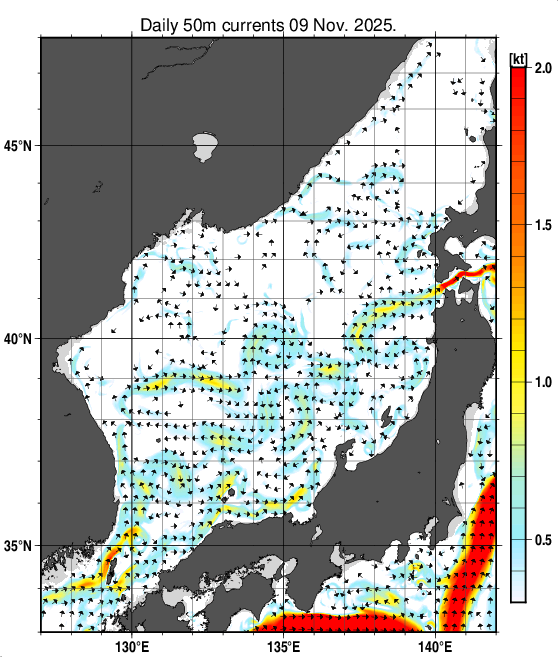 日本海の深さ50mの海流分布図（11月9日）