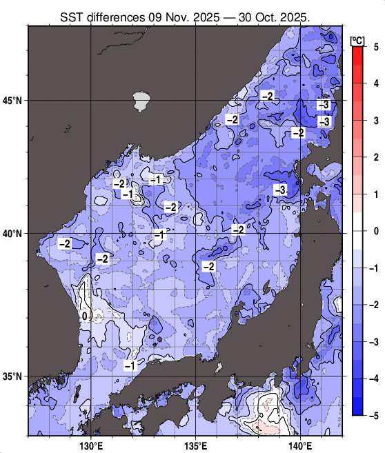 日本海の10日間の海面水温変化量分布図（11月9日）