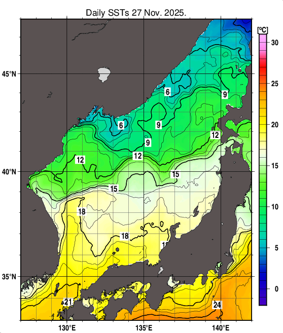 日本海の海面水温分布図（11月27日）