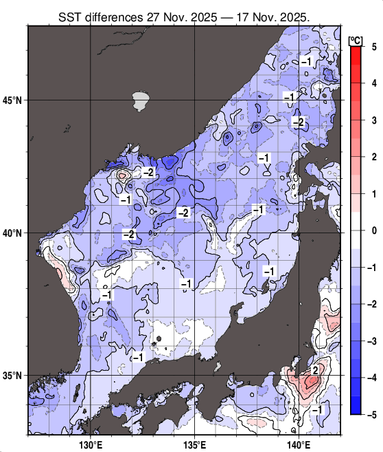 日本海の10日間の海面水温変化量分布図（11月27日）