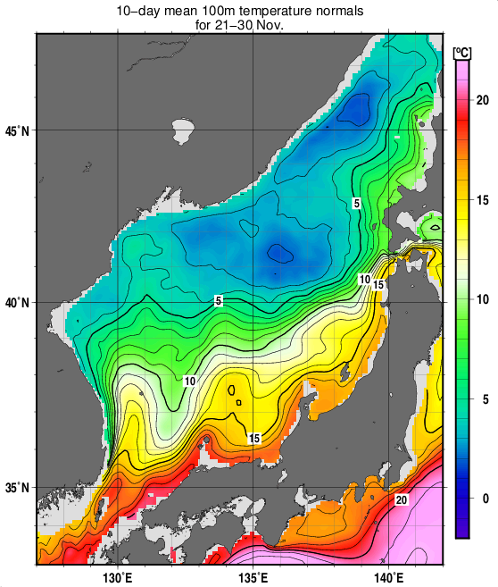 日本海の深さ100mの水温の旬別平年値(1993～2017年の25年間の平均)(11月下旬)