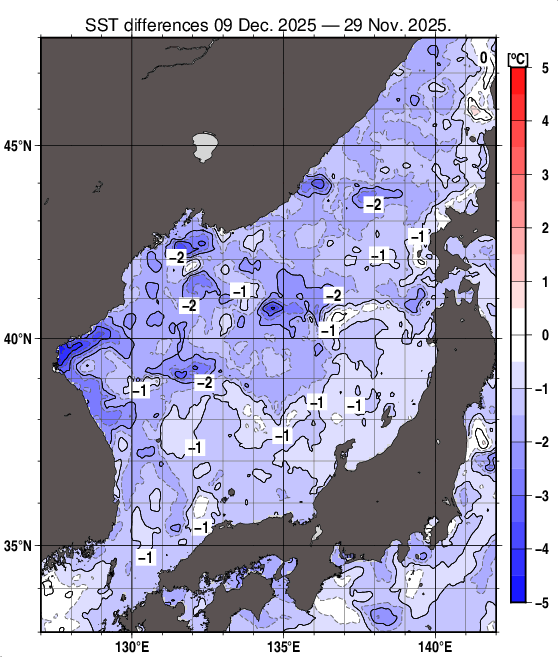日本海の10日間の海面水温変化量分布図（12月9日）