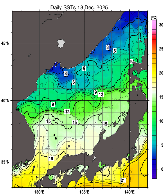 日本海の海面水温分布図（12月18日）