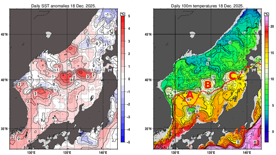 日本海の海面水温平年差分布図および深さ100mの水温分布図（12月18日）