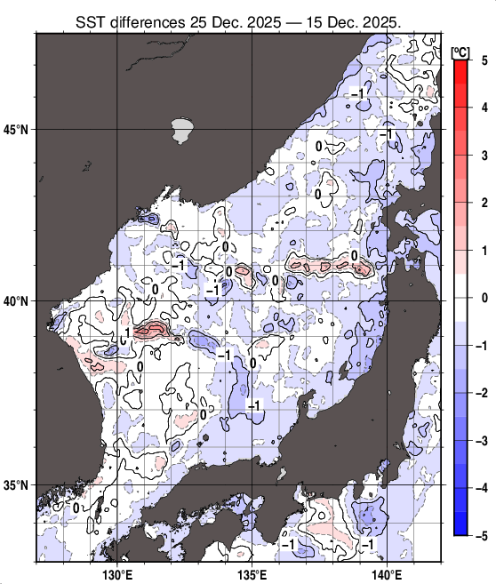 日本海の10日間の海面水温変化量分布図（12月25日）