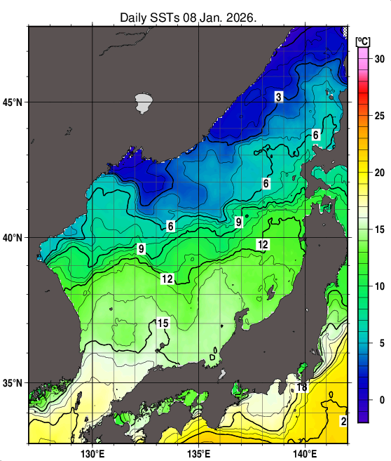 日本海の海面水温分布図（1月8日）