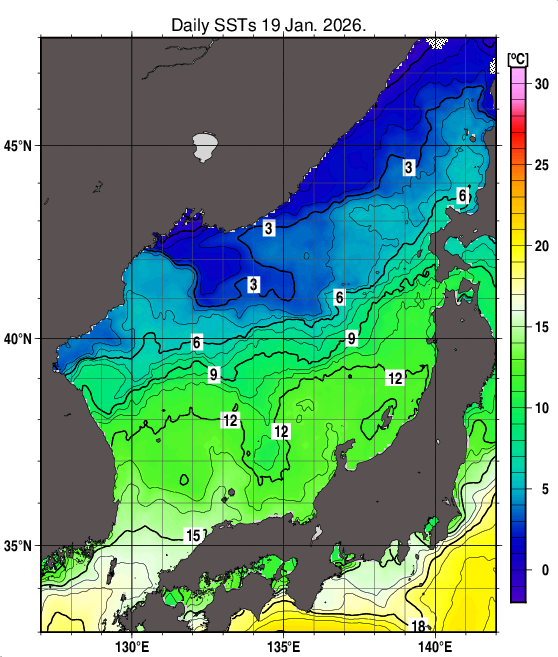 日本海の海面水温分布図（1月19日）