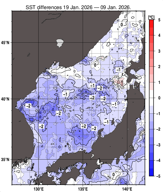 日本海の10日間の海面水温変化量分布図（1月19日）