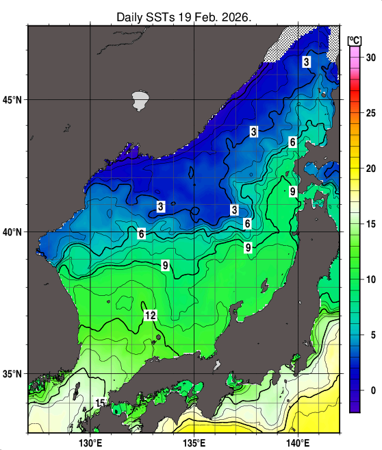日本海の海面水温分布図（2月19日）