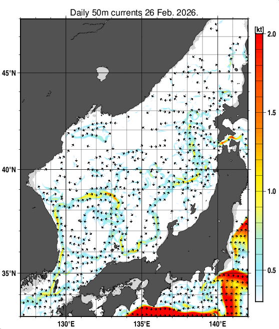 日本海の深さ50mの海流分布図（2月26日）