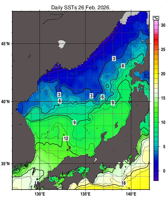 日本海の海面水温分布図（2月26日）