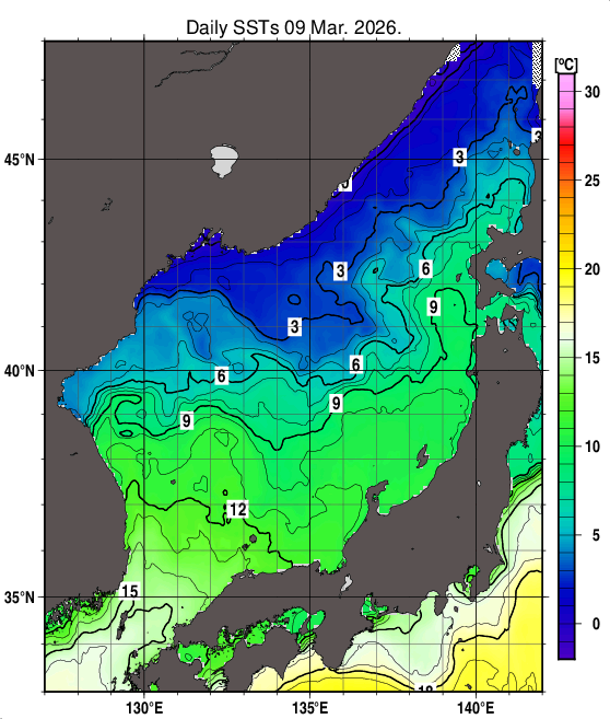 日本海の海面水温分布図（3月9日）