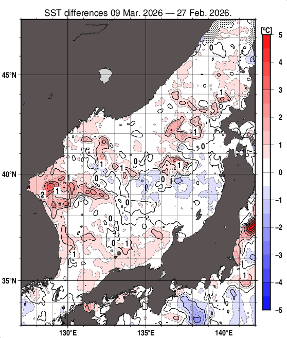 日本海の10日間の海面水温変化量分布図（3月9日）