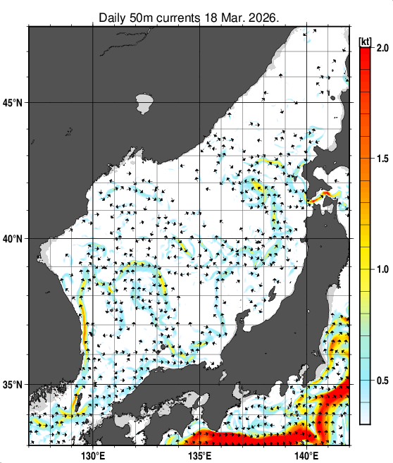 日本海の深さ50mの海流分布図（3月18日）