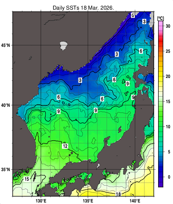日本海の海面水温分布図（3月18日）