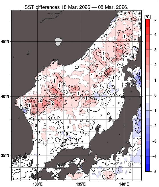 日本海の10日間の海面水温変化量分布図（3月18日）
