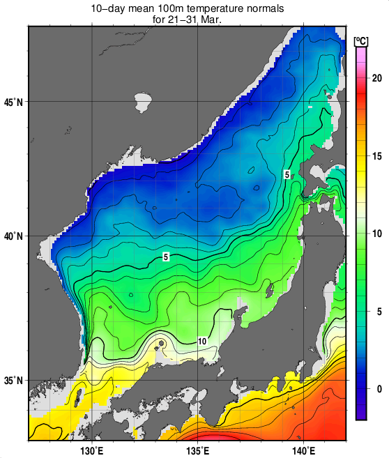 日本海の深さ100mの水温の旬別平年値(1993～2017年の25年間の平均)(3月下旬)