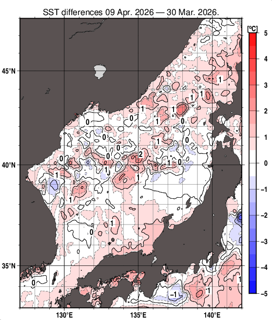 日本海の10日間の海面水温変化量分布図（4月9日）