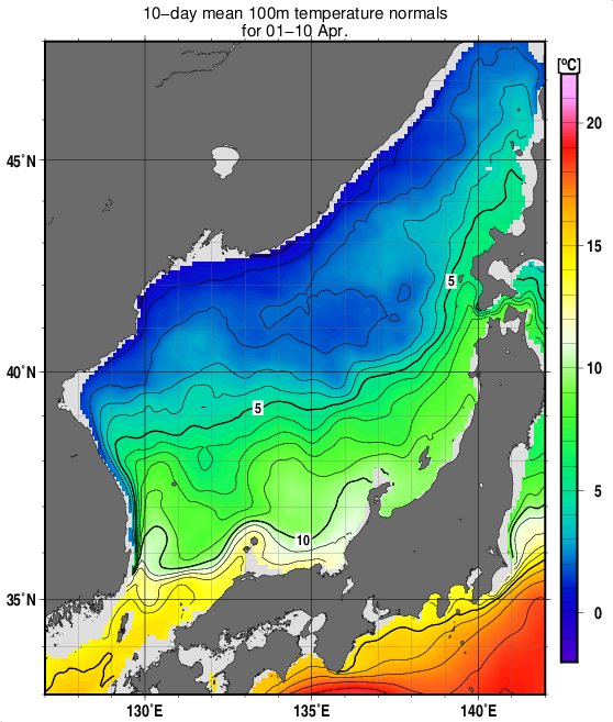 日本海の深さ100mの水温の旬別平年値(1993～2017年の25年間の平均)(4月上旬)
