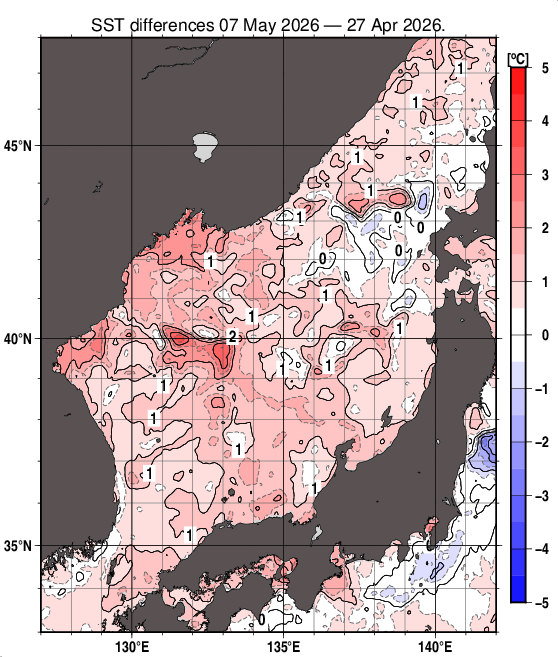 日本海の10日間の海面水温変化量分布図（5月7日）