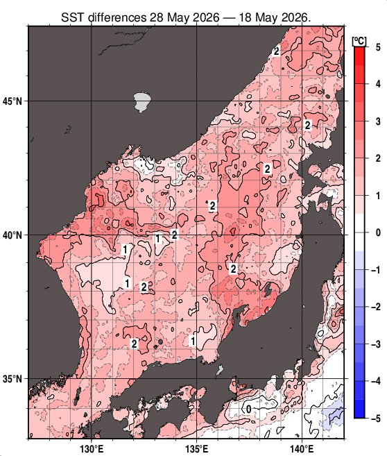 日本海の10日間の海面水温変化量分布図（5月28日）