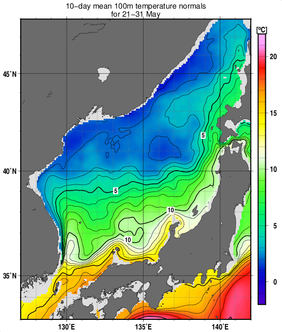 日本海の深さ100mの水温の旬別平年値(1993～2017年の25年間の平均)(5月下旬)