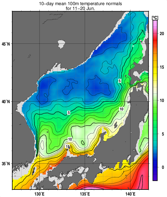 日本海の深さ100mの水温の旬別平年値(1993～2017年の25年間の平均)(6月中旬)