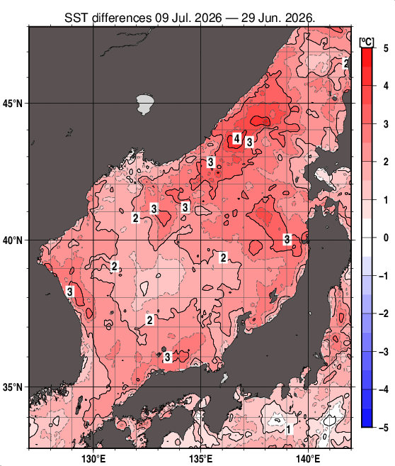 日本海の10日間の海面水温変化量分布図（7月9日）