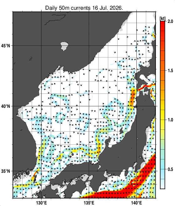 日本海の深さ50mの海流分布図（7月16日）