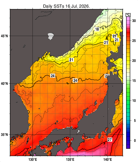 日本海の海面水温分布図（7月16日）