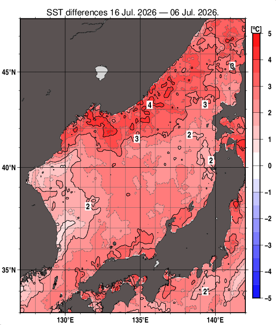 日本海の10日間の海面水温変化量分布図（7月16日）