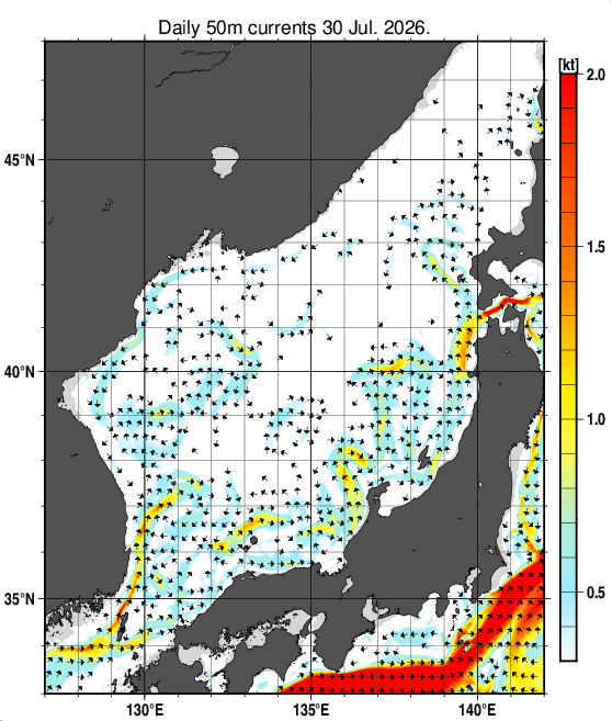 日本海の深さ50mの海流分布図（7月30日）