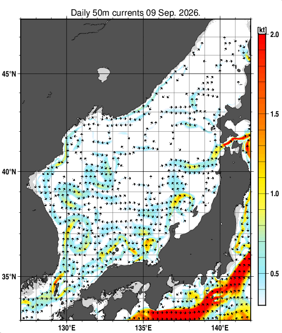 日本海の深さ50mの海流分布図（9月9日）