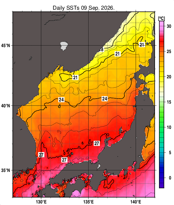 日本海の海面水温分布図（9月9日）