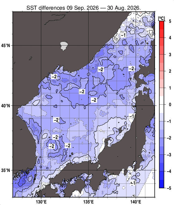 日本海の10日間の海面水温変化量分布図（9月9日）