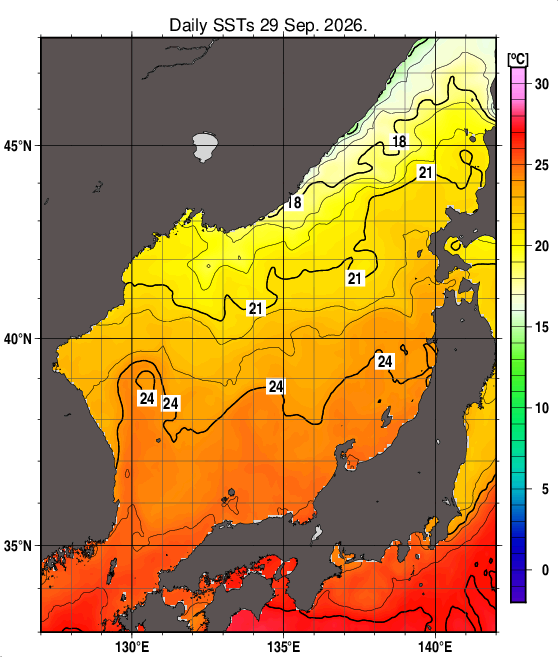日本海の海面水温分布図（9月29日）