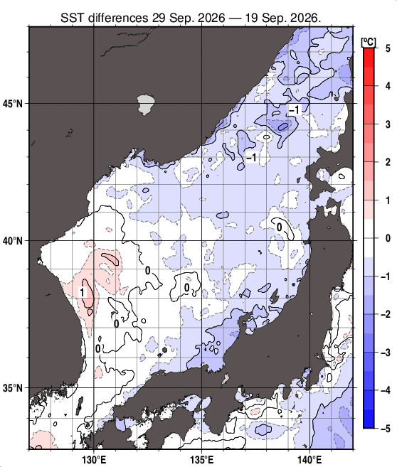 日本海の10日間の海面水温変化量分布図（9月29日）