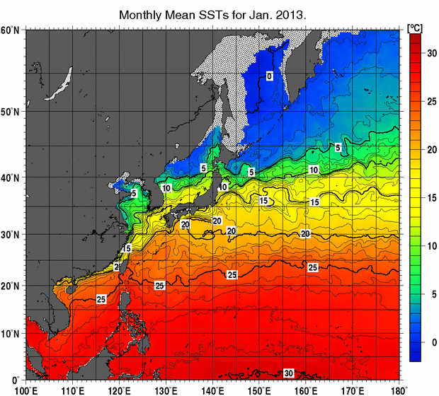 北西太平洋の月平均海面水温分布図（2013年1月）