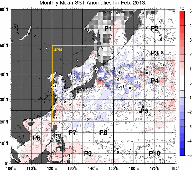 北西太平洋の月平均海面水温平年差分布図（2013年2月）
