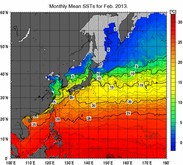 北西太平洋の月平均海面水温分布図（2013年2月）