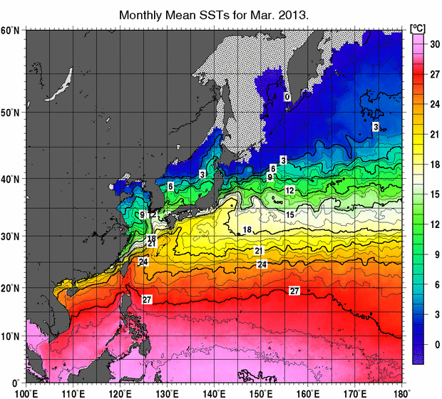 北西太平洋の月平均海面水温分布図（2013年3月）