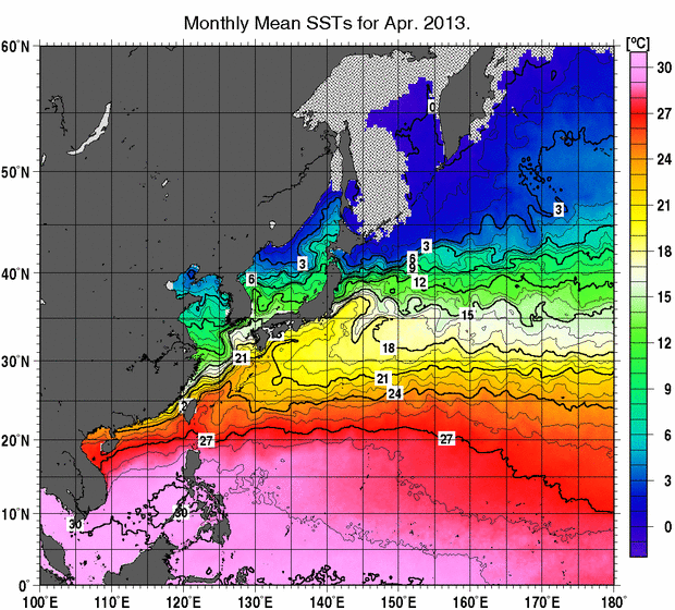 北西太平洋の月平均海面水温分布図（2013年4月）