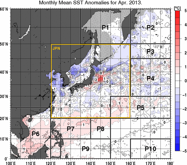 北西太平洋の月平均海面水温平年差分布図（2013年4月）